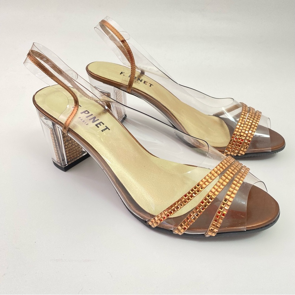F. Pinet Paris Clear Rhinestone Slingback Peep Toe Womens Heeled Sandals Shoes 5 - Picture 4 of 16